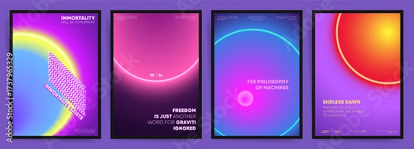 Fototapeta Neon Design. Space orbit gradient neon poster templates with glowing ring eclipse backgrounds and bold headlines for music event flyers covers and banners. Vector decorative illustration.