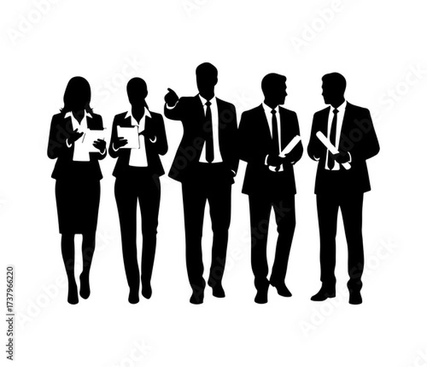 Fototapeta Business team silhouette walking together. holding documents and discussing work.