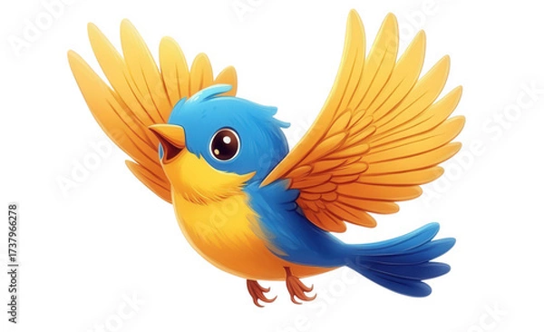 Fototapeta A charming cartoon bird with blue head and back, yellow chest and wings, isolated on transparent background, soaring through the air with its wings fully extended