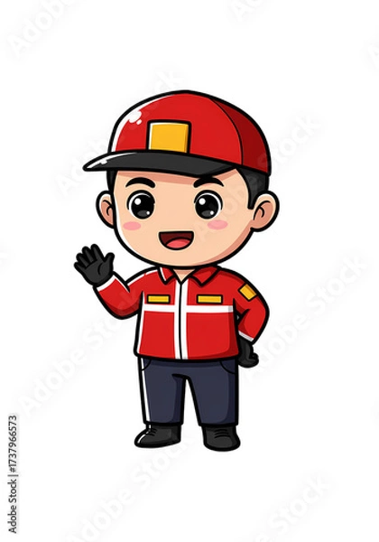 Fototapeta Cute Cartoon Firefighter Character Waving png clear alpha channel cutout isolated on transparent background
