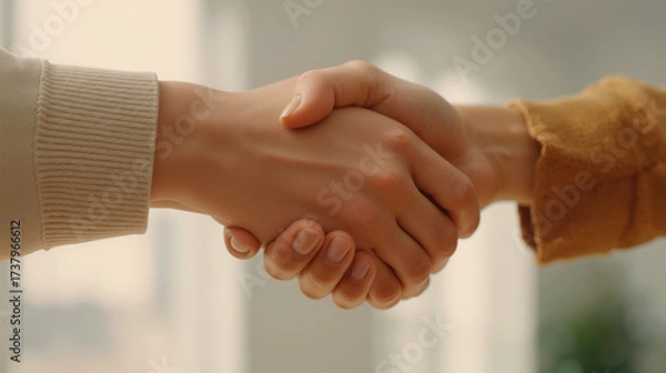 Obraz Colleagues engaging in a professional handshake indoors during a business meeting in the morning hours