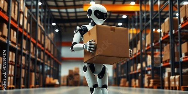 Obraz A futuristic robot carries a cardboard box through a warehouse with tall shelves of packages