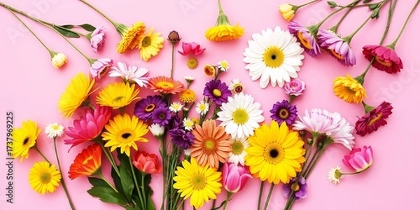 Fototapeta Vibrant assortment of colorful gerbera daisies and chrysanthemums arranged on a pink background