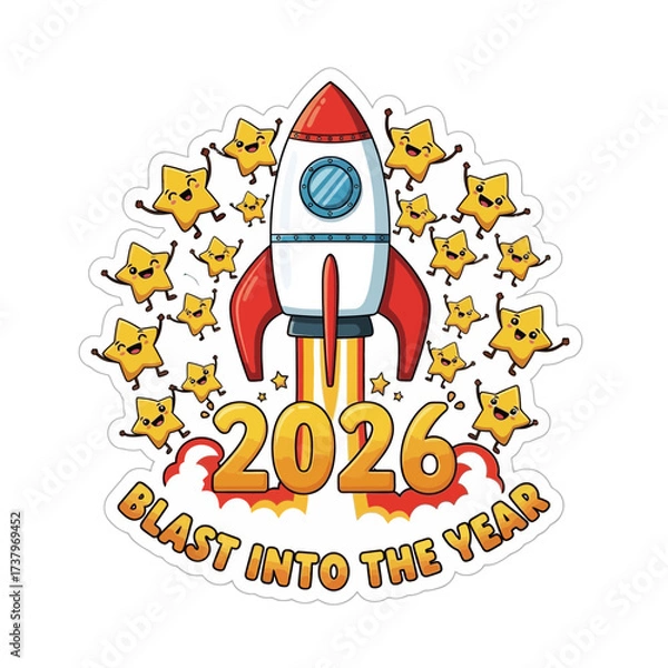 Fototapeta A cartoon rocket blasting off into the sky surrounded by happy stars and the year 2026 text blast off celebration new year launch space future excitement