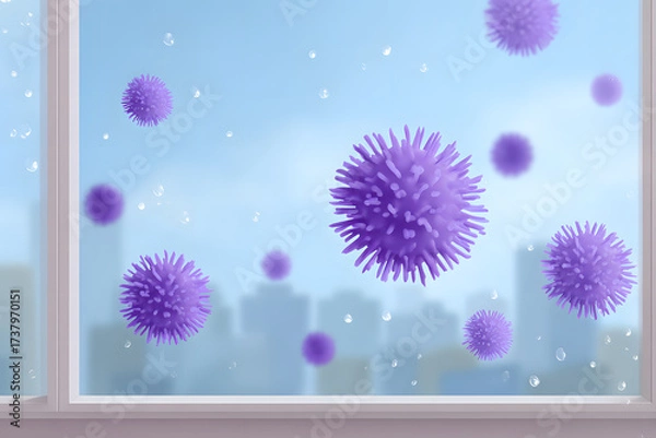 Obraz Illustration of viruses floating in the air, viewed through a window, depicting a health-related concept. The viruses are depicted in a spherical shape and vibrant color.