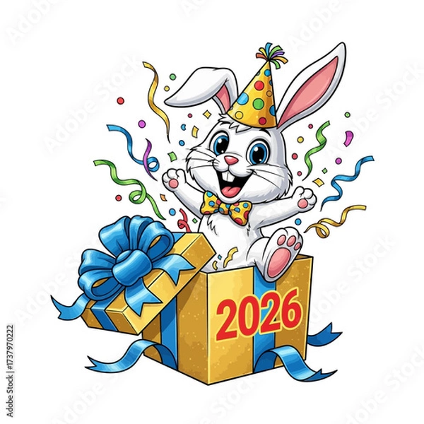 Fototapeta Cheerful white bunny wearing a party hat and bow tie emerges from a gift box decorated with the year 2026 and festive confetti rabbit celebration happy