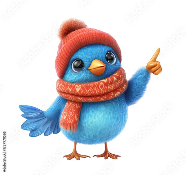 Fototapeta A cheerful blue bird wearing a red hat and scarf, pointing its wing upwards, its bright colors and playful pose creating a festive illustration isolated on transparent background