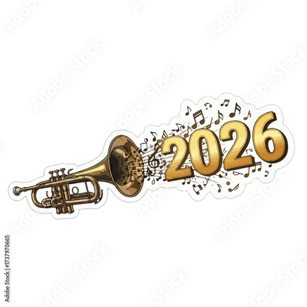 Fototapeta A golden trumpet emits a cascade of musical notes and the numbers 2026 symbolizing a year of musical celebration and new beginnings brass instrument sound