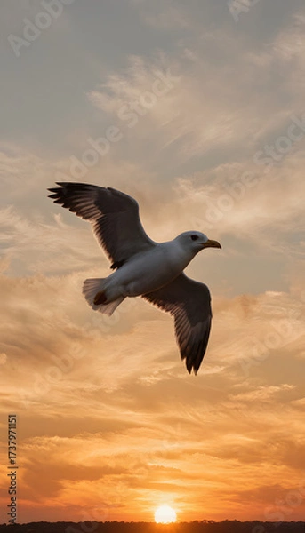 Fototapeta Seagull flying at sunset against a colorful sky, concept of bird migration  