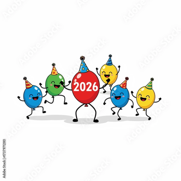 Fototapeta Group of six cartoon balloons wearing party hats one red balloon displays the year 2026 celebration new year happy festive cheerful fun illustration graphic