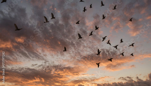 Fototapeta Flock of birds migrating in sunset sky with colorful clouds  
