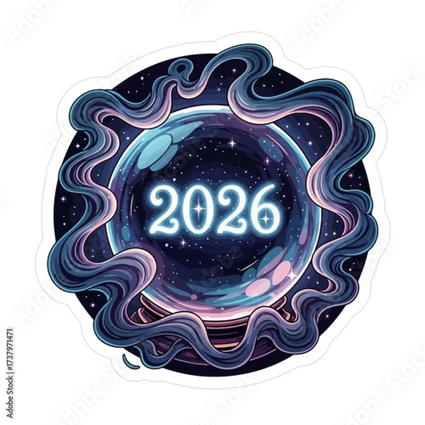 Fototapeta A glowing crystal ball displaying the year 2026 with swirling cosmic smoke and stars set against a dark starry background future prophecy fortune magic