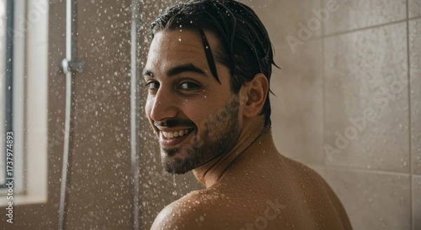 Obraz Inviting Glance: Man Turns Back and Smiles in a Minimal Modern Bathroom Shower