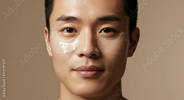 Obraz Renewed Vitality: Asian Man with Radiant Skin and Hydrogel Patches in Modern Close-Up