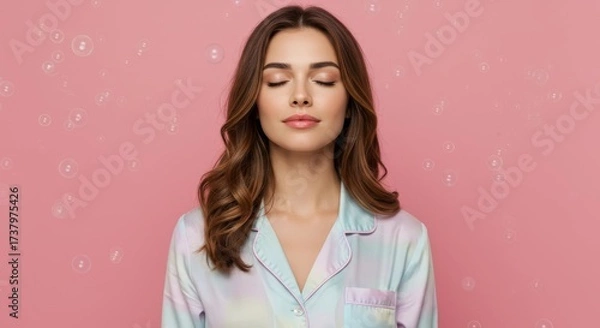 Obraz Calm Gaze: Woman in Pastel Sleepwear with Head Turned on Bubblegum Backdrop
