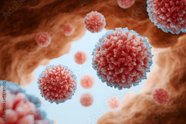 Obraz An illustrative visualization of viruses, showcasing the microscopic world in detail. The vibrant cells are positioned in a way that sparks interest in biology