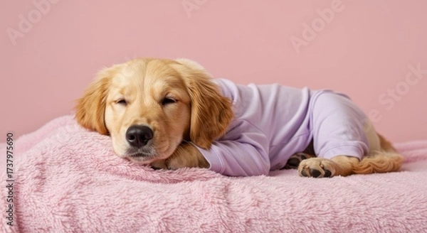 Obraz Puppy Slumber: Golden Retriever in Pastel Sleepwear, Resting on Pink Blanket
