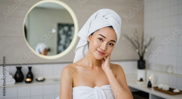 Obraz A Moment of Bliss: Asian Woman Indulges in Aromatherapy Massage Amidst Modern Minimalism