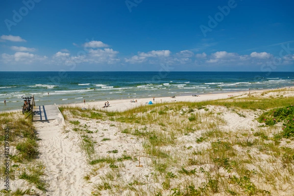 Fototapeta Wide, sunny vista of the Curonian spit beach and the Baltic sea with scattered people, grass-covered dunes and bicycles