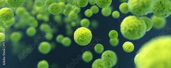 Obraz Close-up view of a multitude of spherical, light-green cell structures against a dark blue background. These tiny cell forms, potentially biological or scientific in nature.