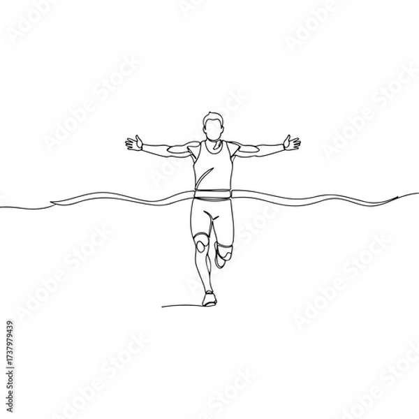 Fototapeta Runner crossing finish line with arms outstretched, line art