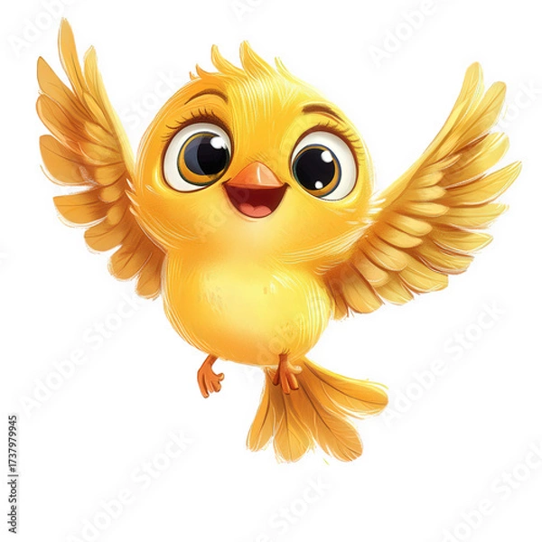 Fototapeta Cheerful yellow bird cartoon character isolated on transparent background, spreading its wings and looking up with a happy expression, perfect for childrens illustration