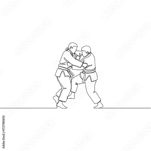 Fototapeta Two people practicing judo in a continuous line drawing
