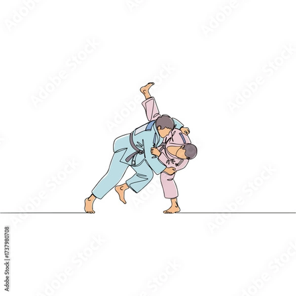 Fototapeta Judo athletes in action, executing a throw on white background