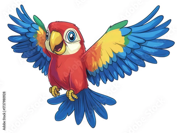 Fototapeta A cartoon parrot isolated on transparent background, showcasing vibrant plumage and a cheerful expression, with wings spread wide in a welcoming gesture, creating a lively and inviting scene