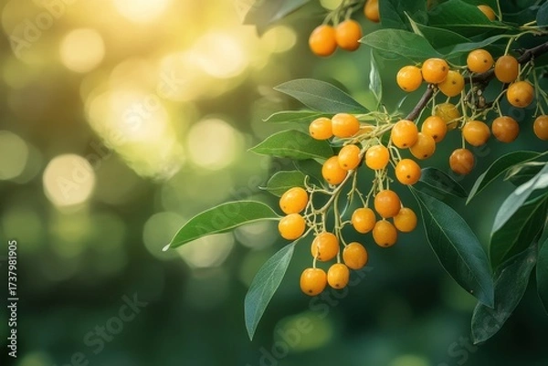 Fototapeta Orange berries cluster among green leaves with a bokeh background. Illustrate nature, fresh food, or healthy lifestyle concepts.