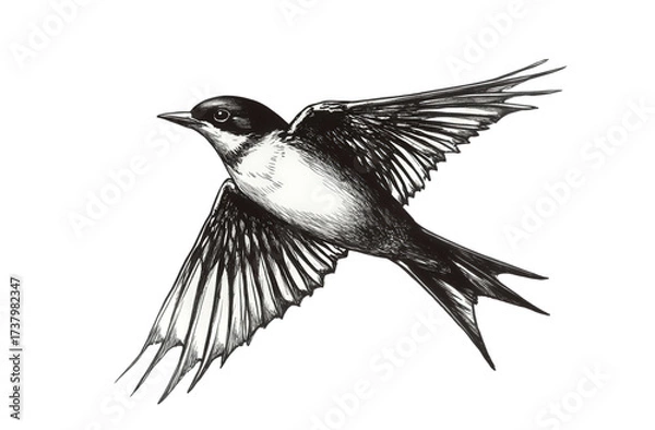 Fototapeta Monochrome sketch of a bird in flight, isolated on transparent background, capturing the elegance and dynamism of its movement with detailed linework