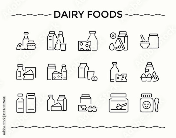 Fototapeta Dairy Foods modern icon set. Included milk products, farming, drink, beverage, food, dairy products and more. Dairy Foods modern icon set. Modern vector UI icons. Vector illustration.