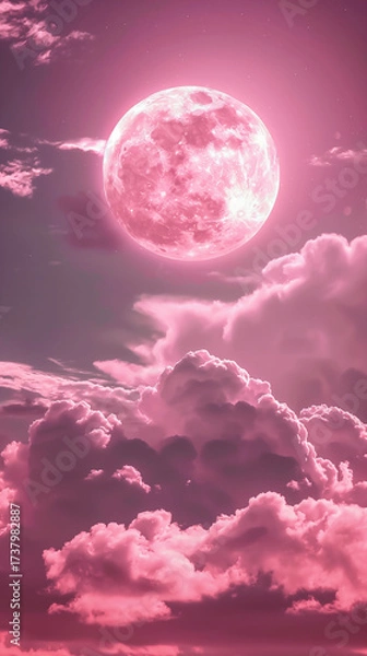 Fototapeta Soft pink clouds and a glowing moon shining in the distance drift gently across the sky, creating a dreamy and magical display.