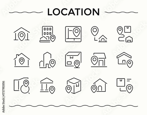 Fototapeta Location modern icon set. Minimal linear icons. Editable stroke vector art. Address icon set. It contains symbols to position, map, direction, navigator, point, place, destination and more.
