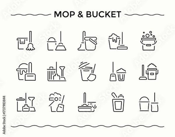 Fototapeta mop and bucket icon set. Thin line icons set. Pixel perfect. Vector illustration. Hygiene icon pack. Contain linear sign bucket, maid, cleaner, window, hygiene and more.