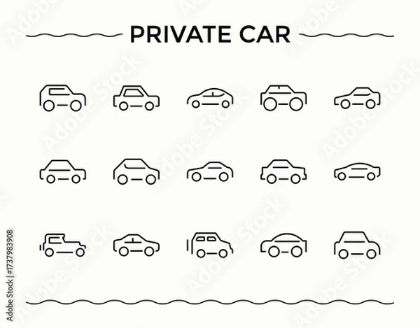 Fototapeta private car line icon set. Minimal icons set. Editable vector illustration. Repair modern icon set. Included vehicle, auto, auto parts, parts, service and more.