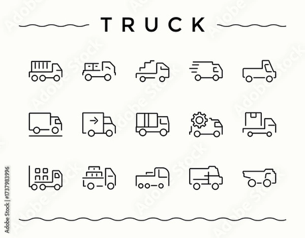 Fototapeta Truck line icon set. Transportation icon set. Contain linear sign shipment, logistic, automobile, transportation, transport, shipping, van and more. Signs for web and mobile app.