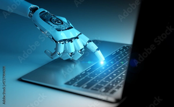 Fototapeta Robot using a laptop. Cyborg hand pressing a keyboard with his finger. 3D rendering