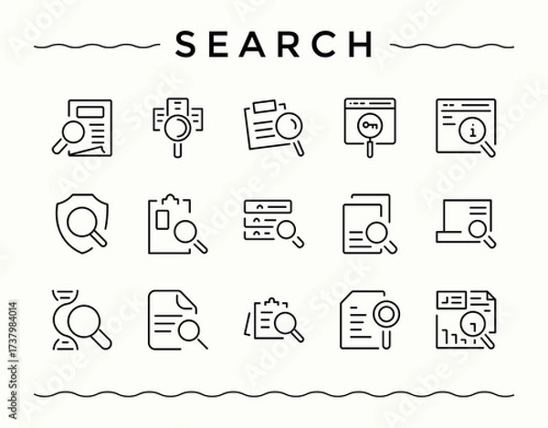 Fototapeta Set of Search line icon. Pictograms of magnifying, analysis, discovery, reexplore, magnify and more. Thin icons set. Magnify icon set. Vector illustration.