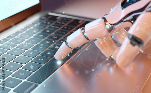 Fototapeta Robotic hand touching laptop keyboard. Artificial Intelligence and future technology concept. 3D rendering