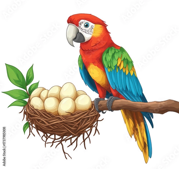 Fototapeta Colorful macaw isolated on transparent background perched near a nest filled with eggs, symbolizing new life and the beauty of nature in a vibrant illustration
