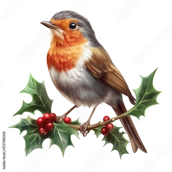 Fototapeta A delightful robin perched on holly isolated on transparent background, its vibrant orange breast contrasting with the green leaves and red berries, a festive scene