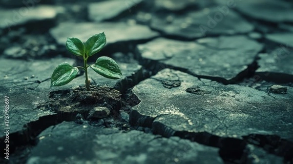 Fototapeta Green sprout grows through cracked concrete surface, low angle view. It symbolizes resilience, hope, and the ability to overcome adversity.