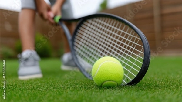 Obraz Grass court tennis game with focus on racket and ball action