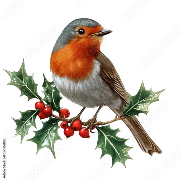 Fototapeta A festive robin on holly isolated on transparent background, showcasing its bright orange breast amidst the vibrant green leaves and cheerful red berries