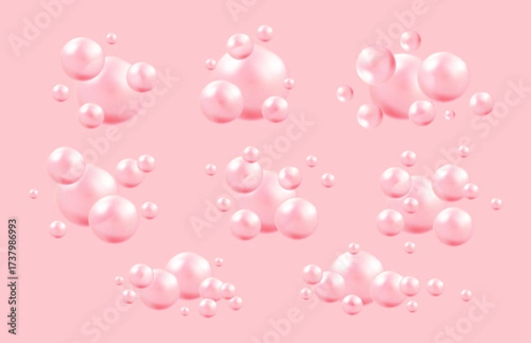 Fototapeta Air and water pink bubbles on pink background with fizzy sparkles. Vector bubble gum texture for dreamy design.
