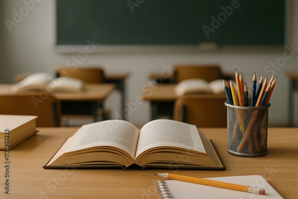 Obraz books school and color pencil essentials on desk
