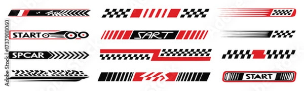 Fototapeta Racing cars and race car stripes set. Checkered patterns, checkered flag, start and finish line, motocross labels, dynamic lines, motorsport, racing stripe speed, sport decals, tuning stickers
