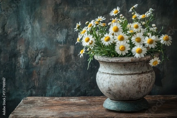 Fototapeta White daisy flowers in old vase on wood table with dark textured backdrop. Use this image for spring themes, floral designs, and beauty concepts.