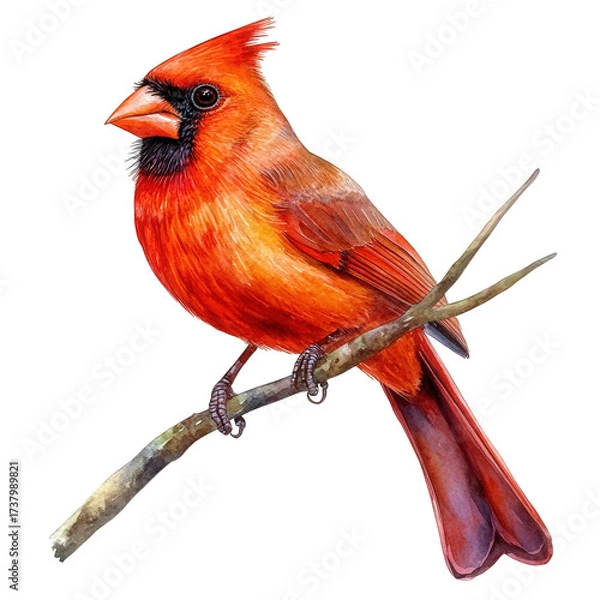 Fototapeta A vibrant cardinal isolated on transparent background perches gracefully on a branch, its brilliant red plumage standing out against the neutral backdrop